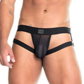 Gigo skin black jockstrap featuring a black sheer mesh thong with solid black elastic waistband and side straps