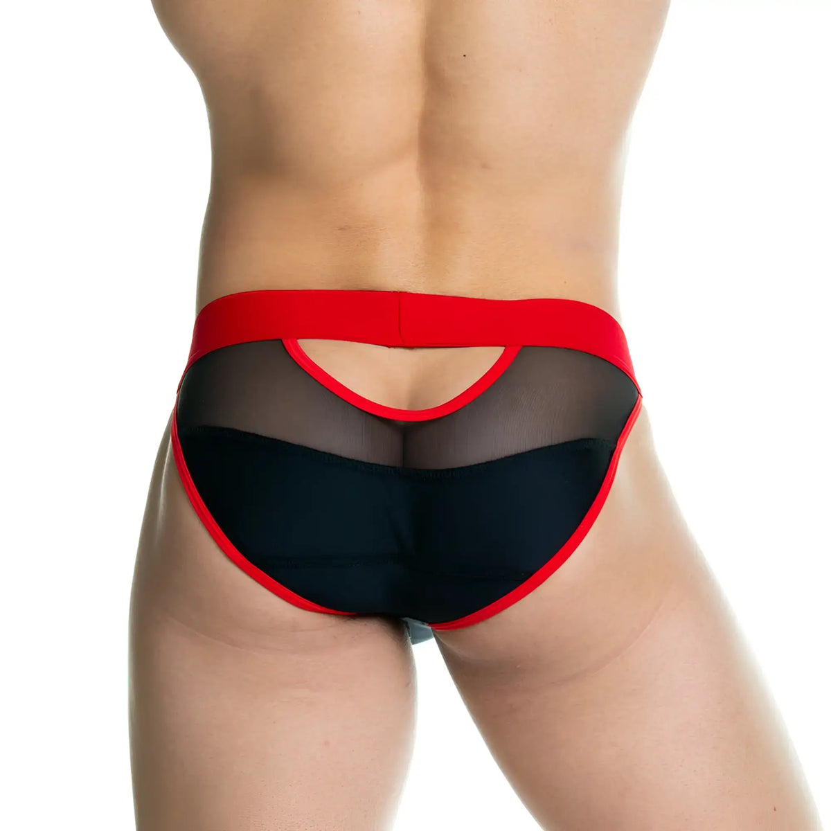 Black and red mesh gigo skin red brief with a bold cut-out back design showing the back side of the product