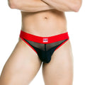 Black and red mesh thong brief with bold red waistband featuring gigi brand logo in gigo skin red brief design