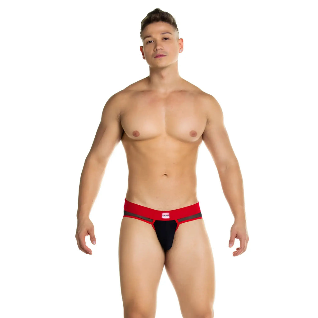 Red and black gigo skin brief jockstrap with mesh panel design showing lightweight breathable athletic fabric