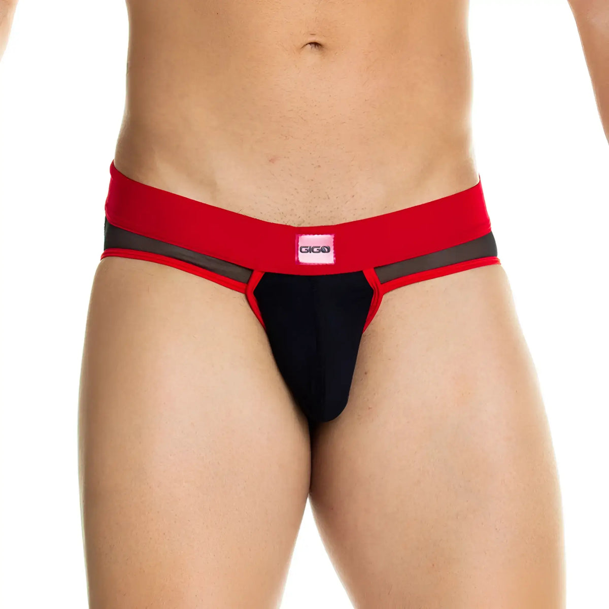 Gigo skin red brief jockstrap with red and black mesh panel design for breathable support and style