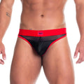 Black and red mesh thong with bold red waistband featuring giga logo from the gigo skin red gstring collection
