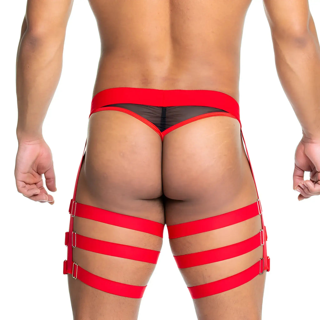 Red harness-style briefs with black mesh lining and adjustable straps from gigo skin red gelbert belt collection