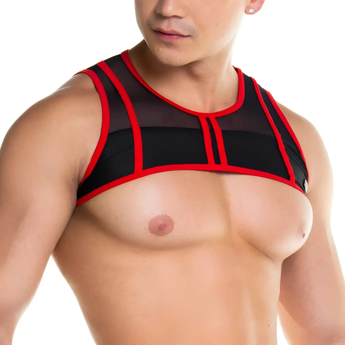 Black and red mesh bandeau top with bold trim from gigo skin red harness collection