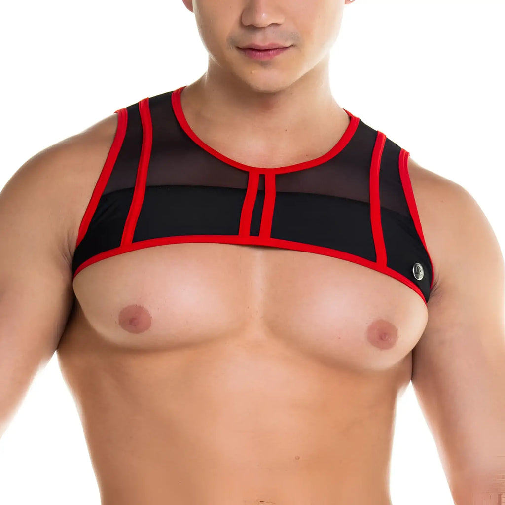 Black and red mesh top with bold trim in gigo skin red harness design showing front side details