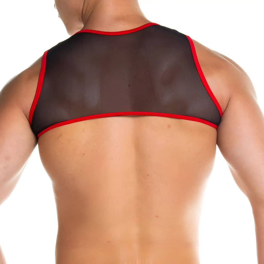 Black mesh tank top with red trim from gigo skin red harness featuring breathable mesh fabric and bold red edging