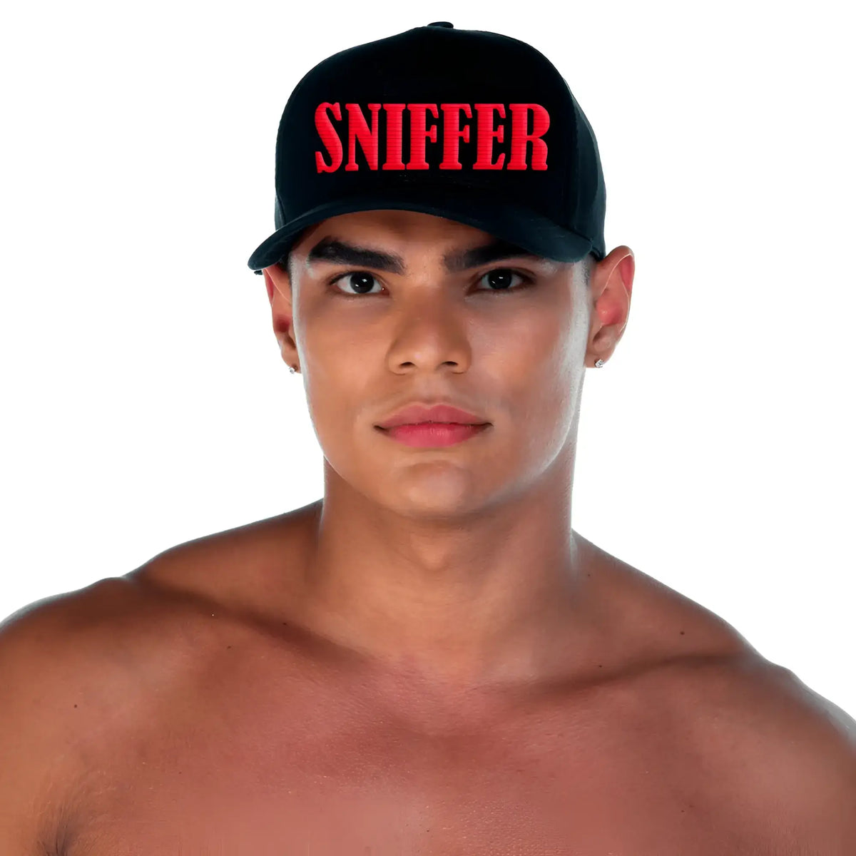 Black baseball cap with bold red embroidered sniffer lettering front in gigo sniffer caps collection