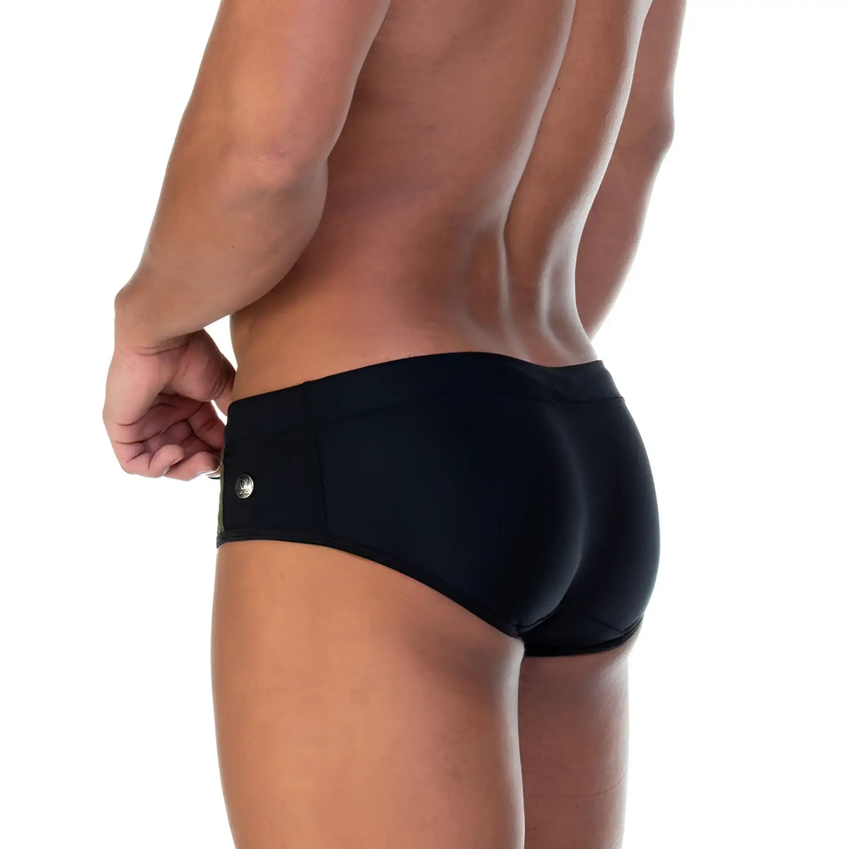 Gigo Soccer black swim brief with sleek form-fitting design and silver button on the side made of swim fabric