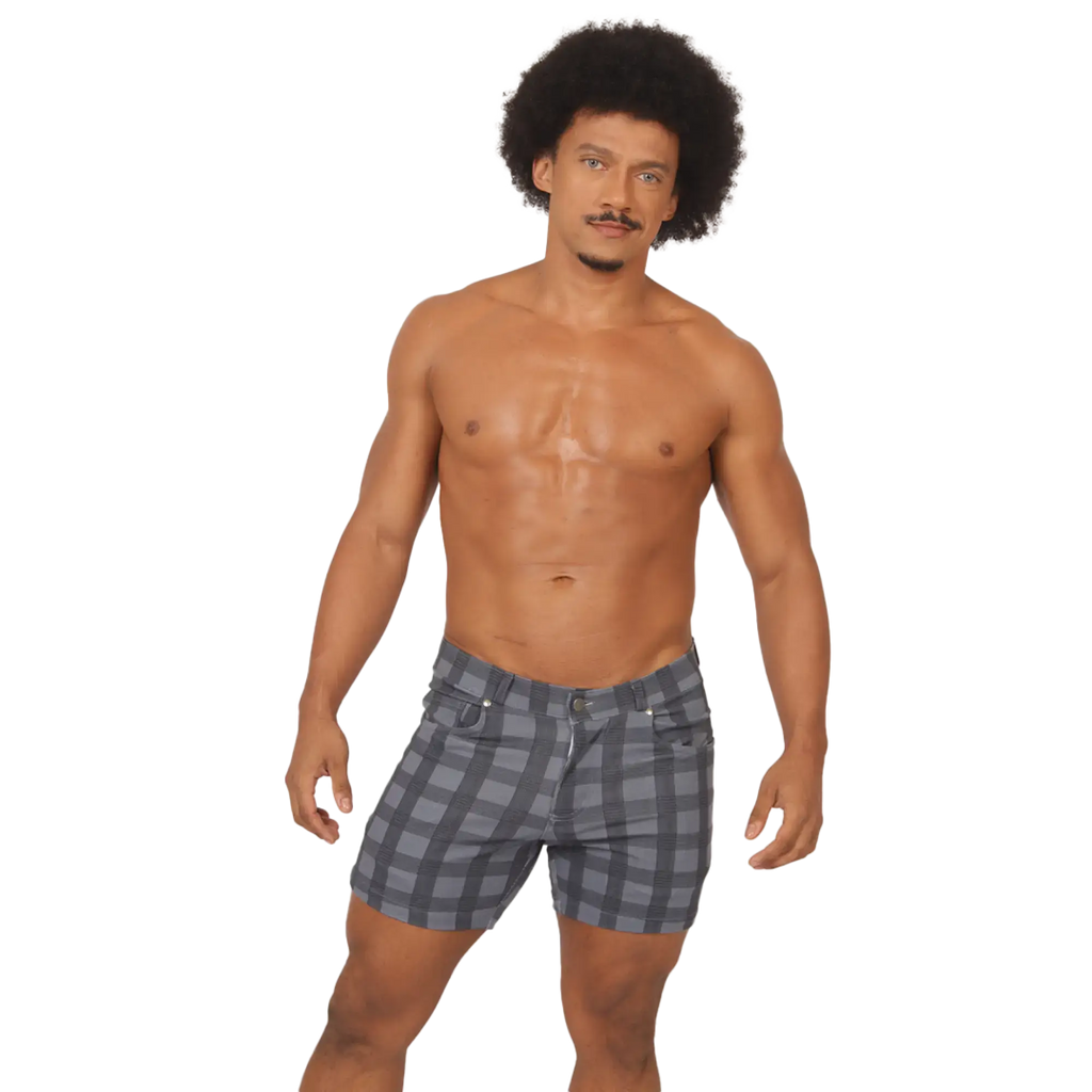 Gray and black plaid denim shorts with classic five-pocket design from gigo social blue square short collection