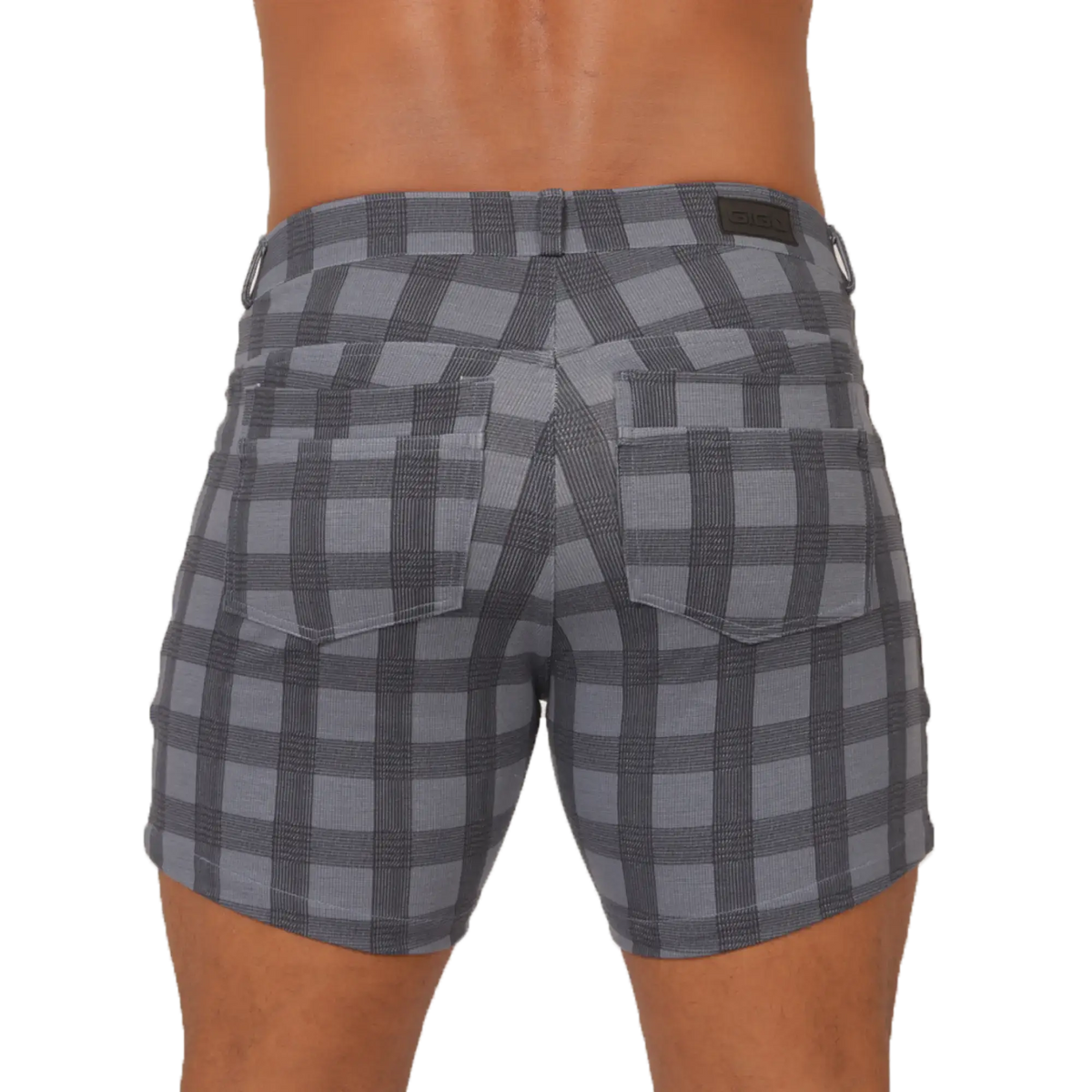 Gray and black plaid gigo social blue square shorts with subtle textured weave for casual wear