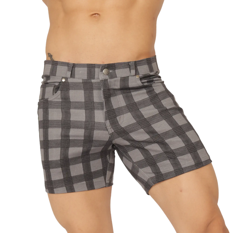 Gigo social gray short gray and black plaid shorts with button closure for casual wear