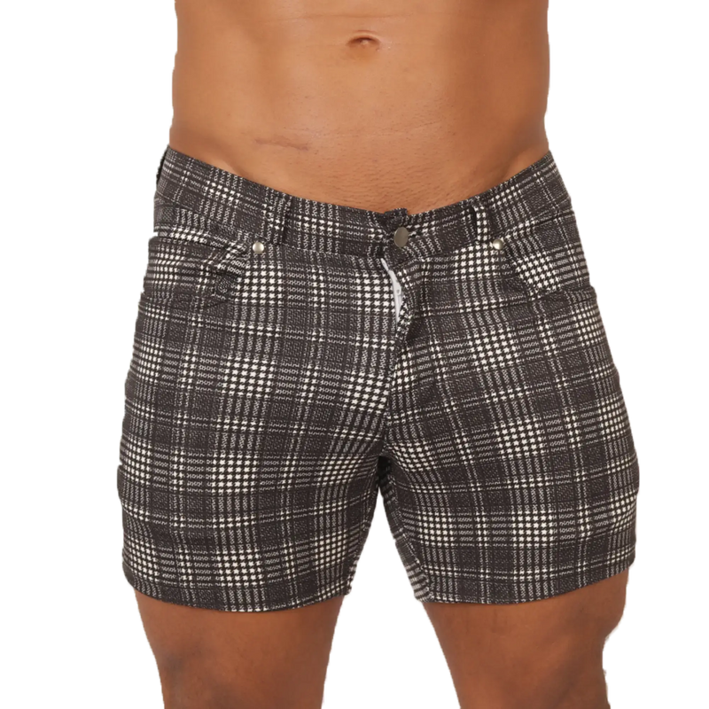 Gigo social gray square short black and white plaid shorts with classic button closure perfect for casual wear