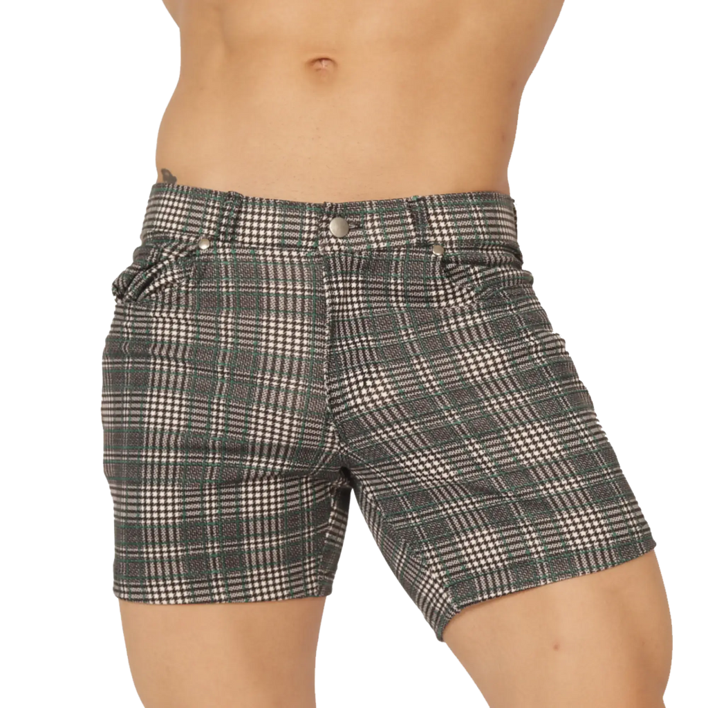 Dark green and white plaid gigo social green short with button closure made of comfortable fabric for casual wear