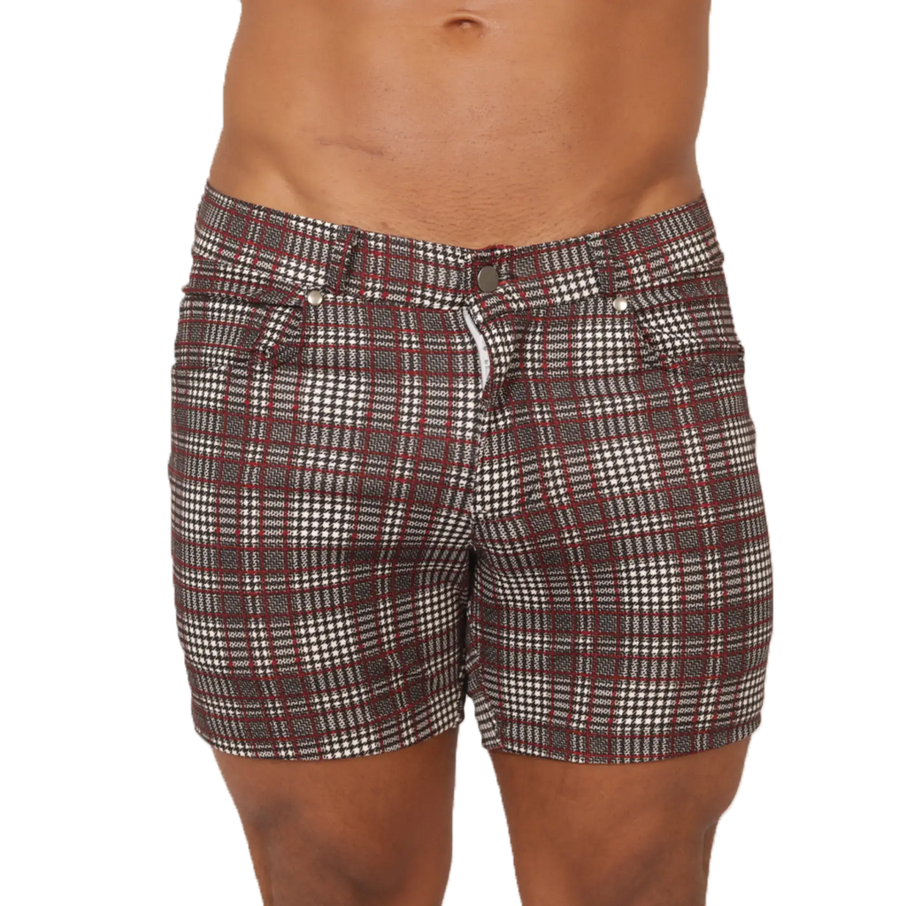 Gigo social red short plaid-patterned shorts in maroon white and dark gray perfect for casual wear