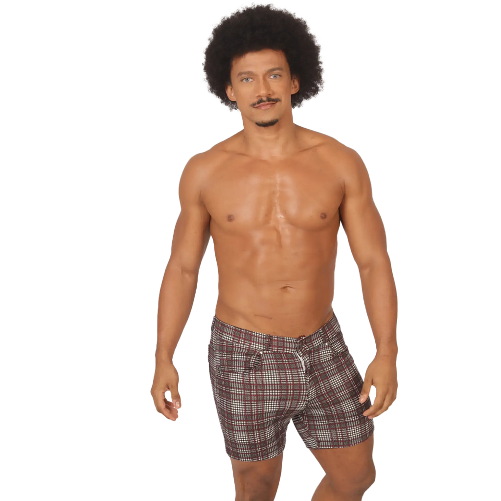 MenÃ¢â‚¬â„¢s gigo social red short plaid swim trunks in brown white and black for casual beachwear