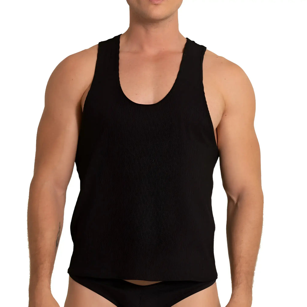 Black ribbed tank top with a scoop neckline from gigo soft designed for comfort and style