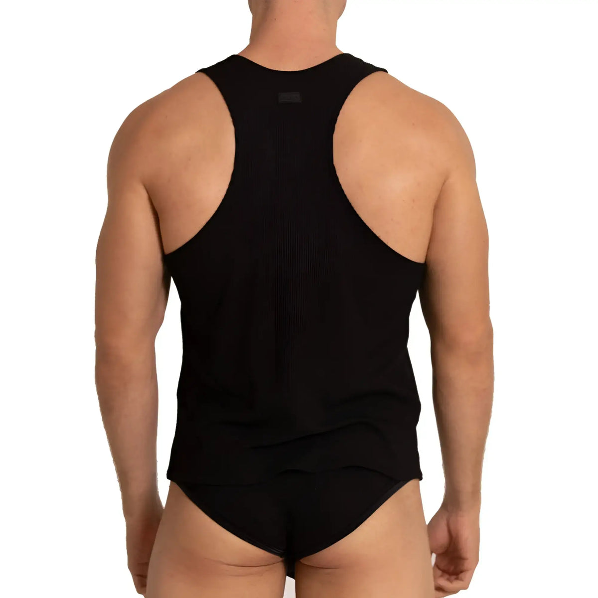 Black racerback tank top gigo soft black tank with sleek form fitting design showing back side