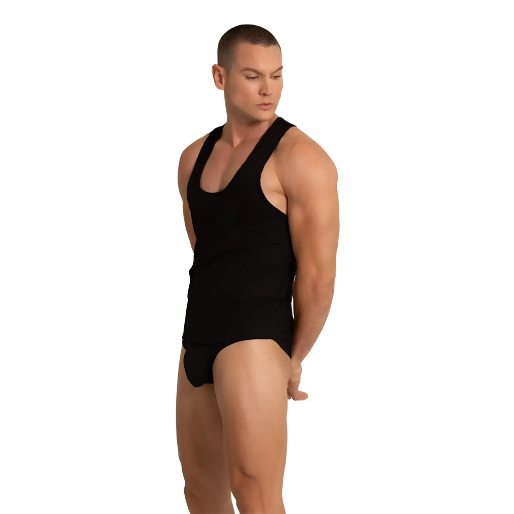 Black sleeveless athletic tank top with scoop neckline and fitted design made of soft fabric from Gigo Soft Black Tank