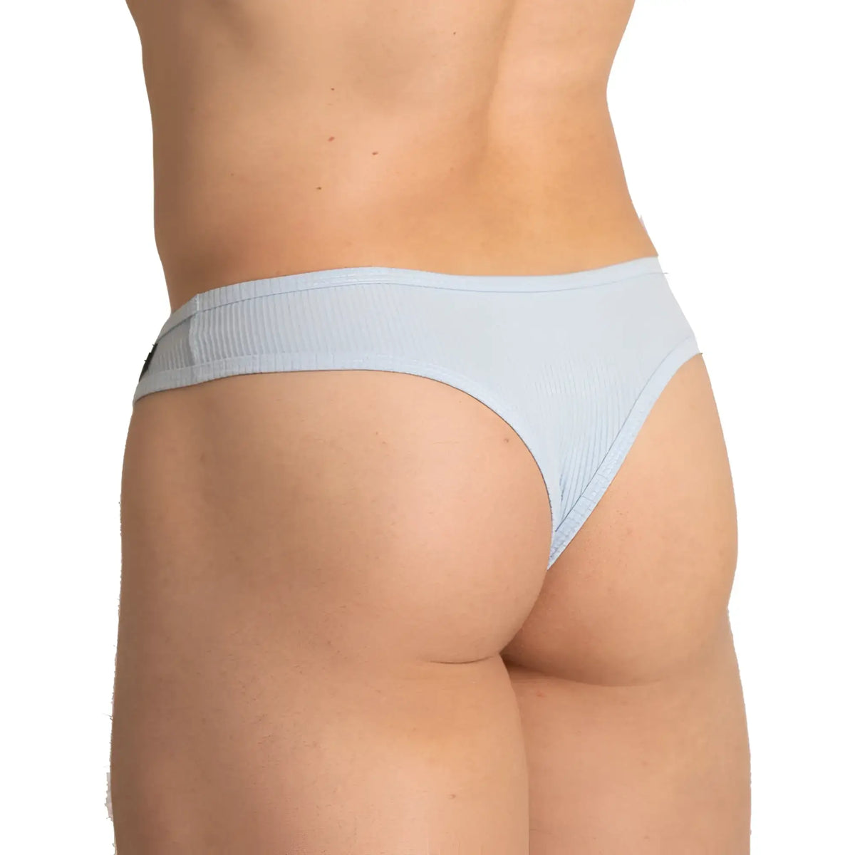 Light blue ribbed cotton thong with subtle textured waistband from gigo soft blue gstring collection back view