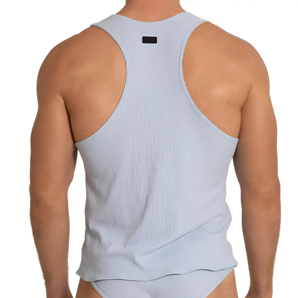 Light blue ribbed Gigo soft tank top showing the back with a black rectangular tag at the neck