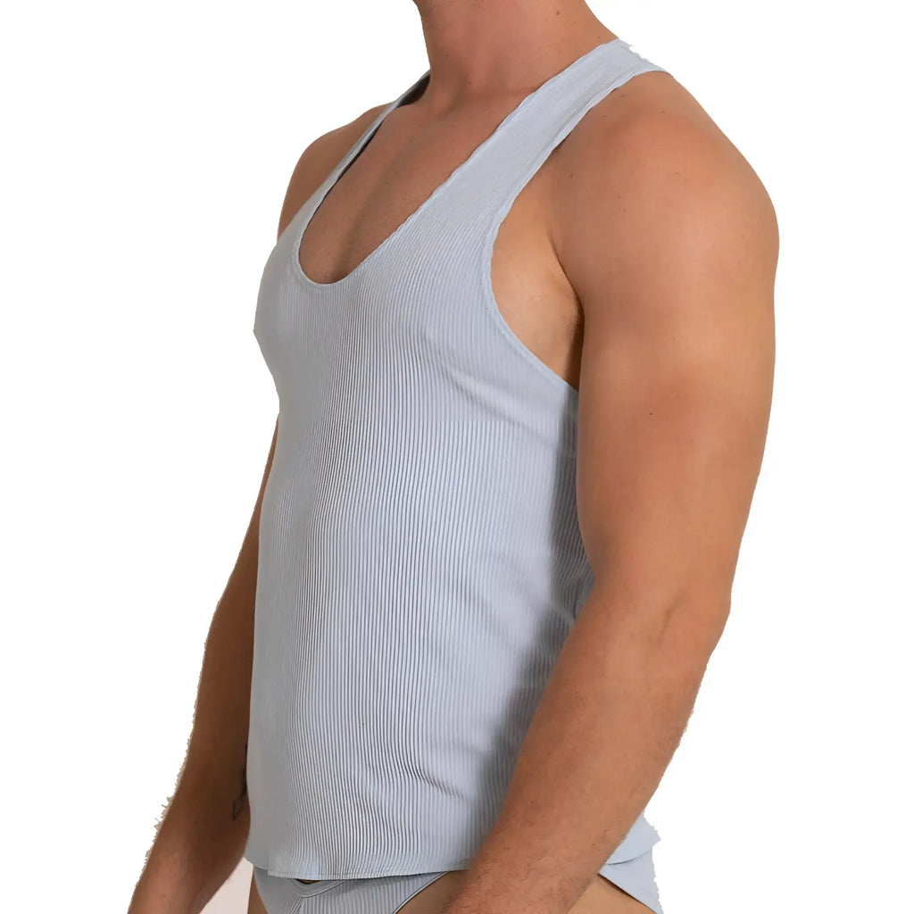 Light blue ribbed cotton tank top with deep v-neckline from Gigo soft blue tank collection