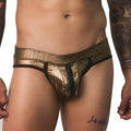 Metallic gold jockstrap with a textured finish, black trim, and a functional front zipper closure.