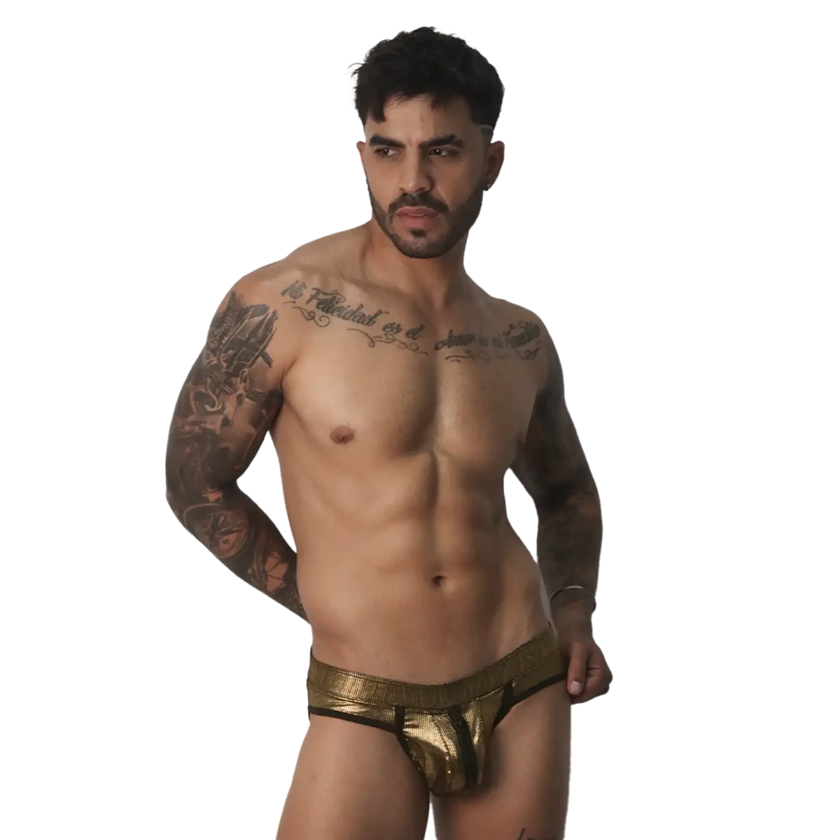 Metallic gold jockstrap with a contoured pouch, dark trim, and a wide, textured elastic waistband.