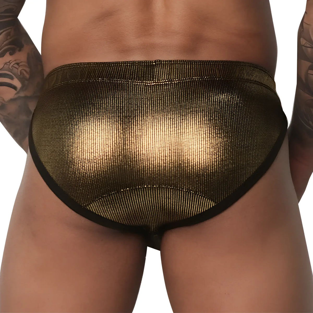 Metallic gold brief with a textured finish, thick waistband, and black trim, worn from the back.