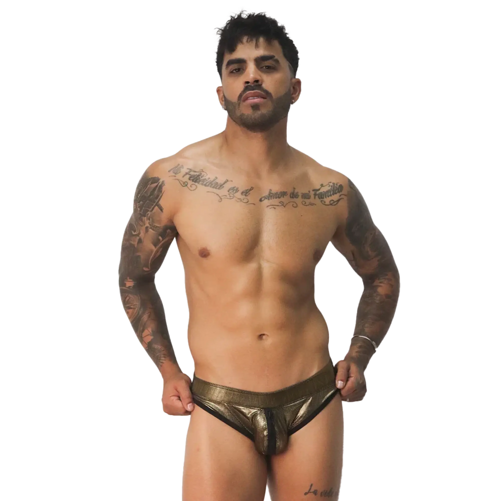 Metallic gold Gigo Splendor brief with black trim and a center front zipper detail.
