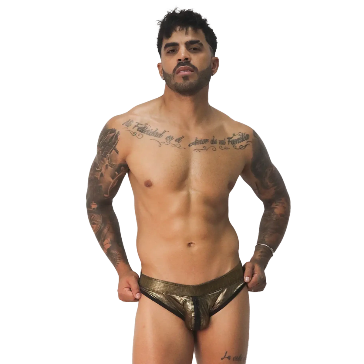 Metallic gold Gigo Splendor brief with black trim and a center front zipper detail.