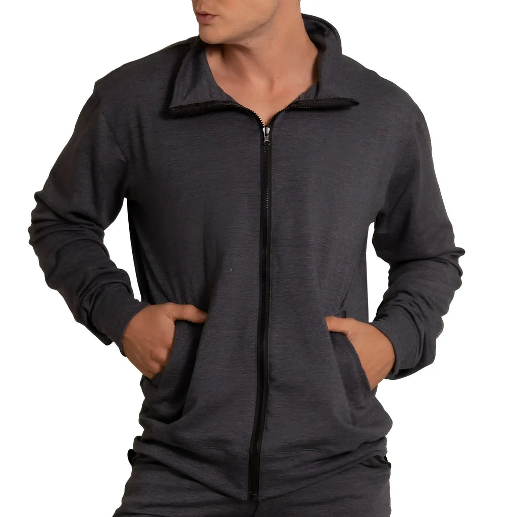 Gigo sport jacket dark gray heathered zip-up hoodie with black zipper and ribbed cuffs in soft fabric