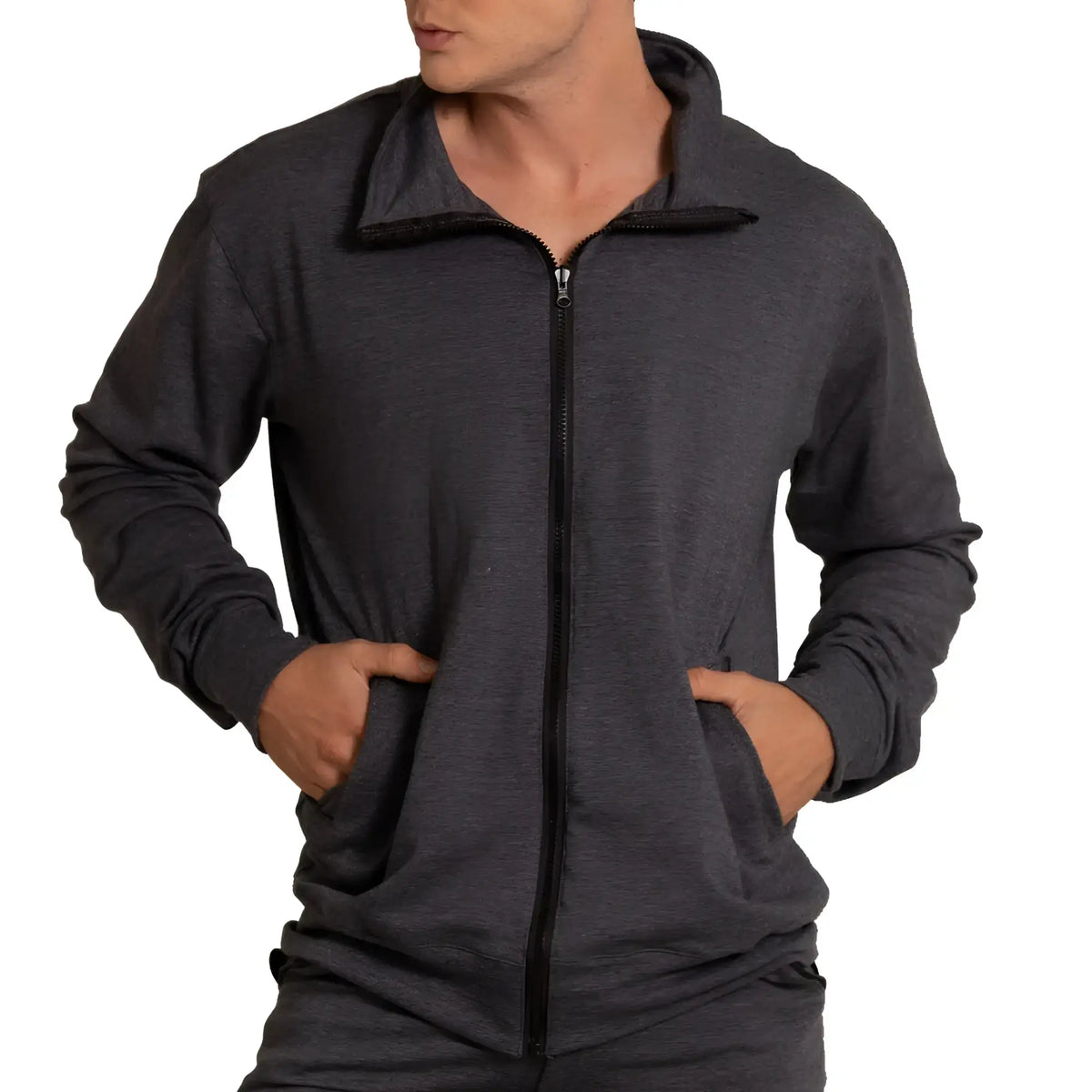 Gigo sport jacket dark gray heathered zip-up hoodie with black zipper and ribbed cuffs in soft fabric