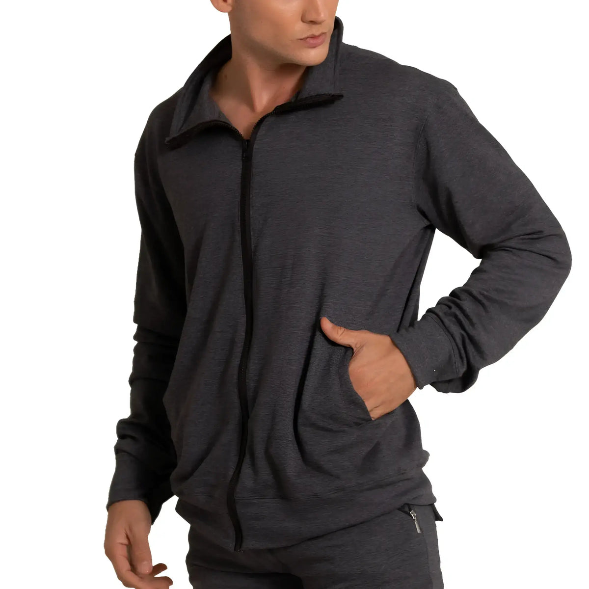 Dark heather gray gigo sport jacket zip-up hoodie with stand collar and side pockets for casual wear