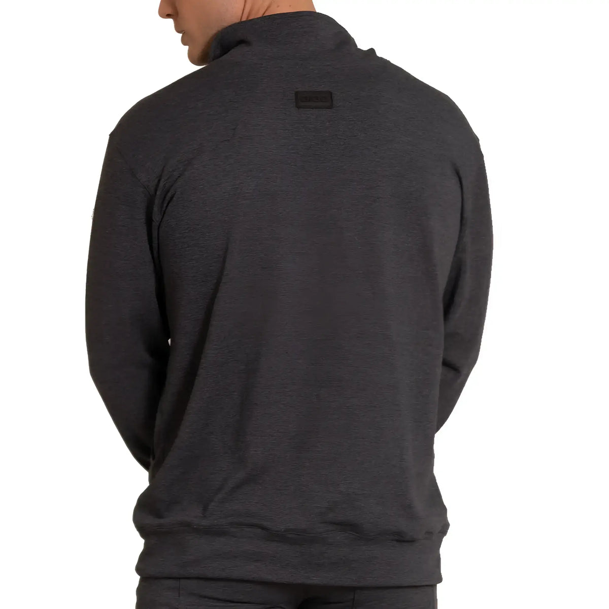 Dark heather gray Gigo sport jacket zip-up sweatshirt with subtle textured fabric and black brand patch at neckline