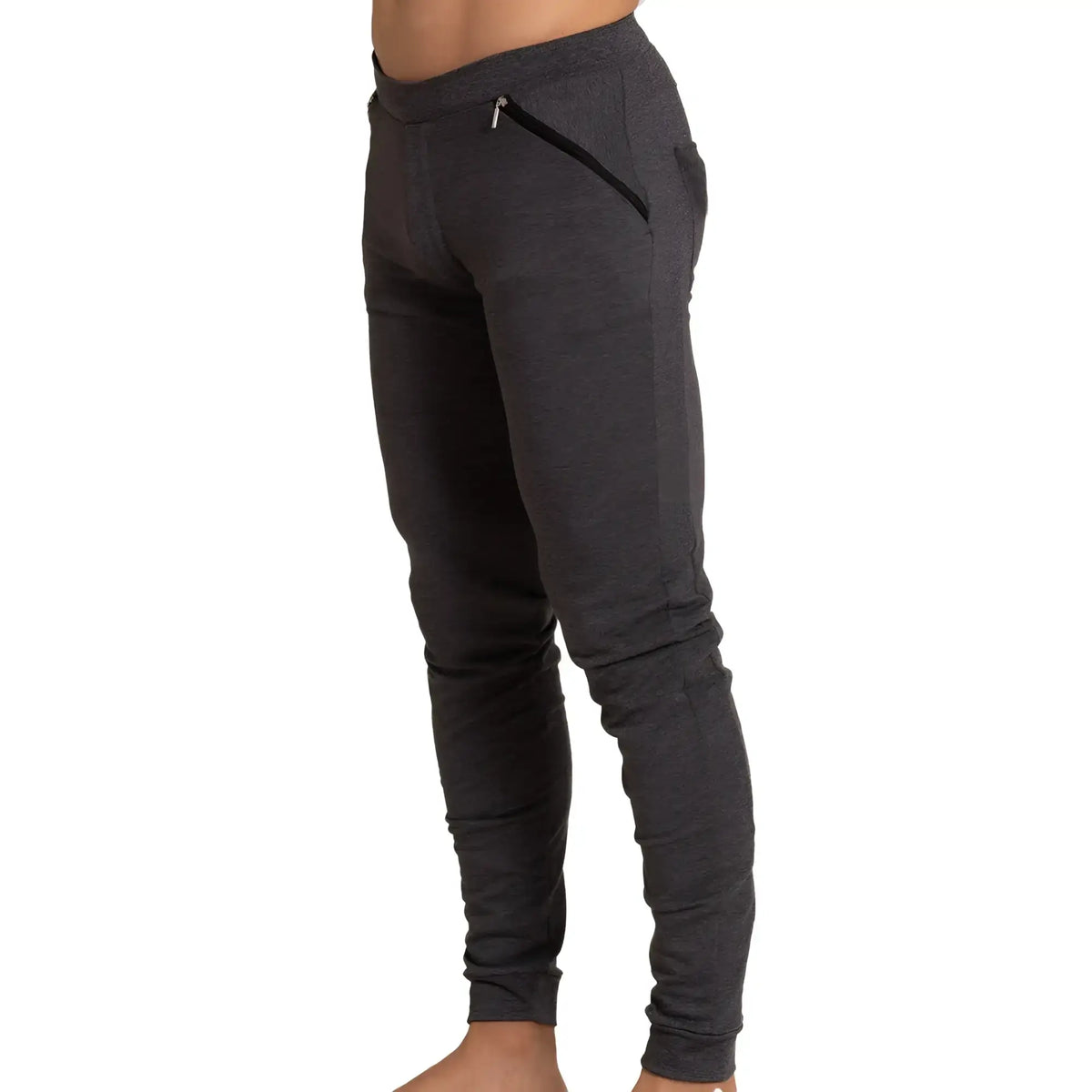 Dark gray heathered gigo sport sportpants with black zipper pocket on the side made from comfortable fabric