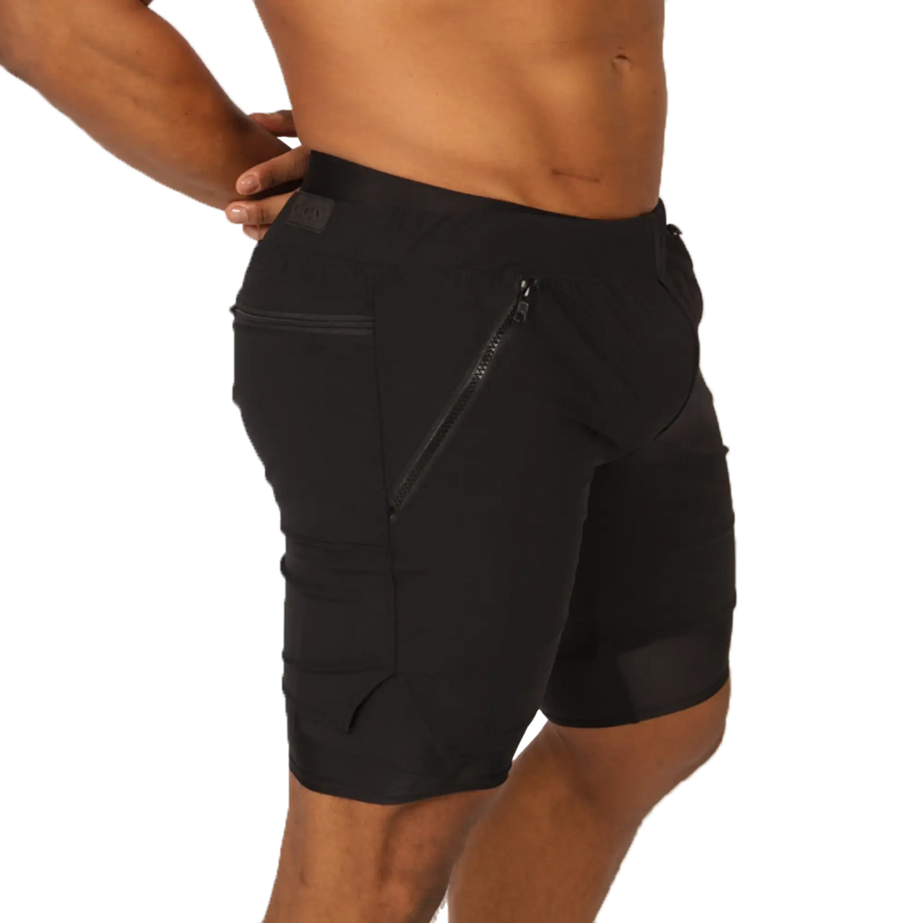 Gigo sporty black athletic shorts with sleek form-fitting design and multiple zippered pockets for secure storage