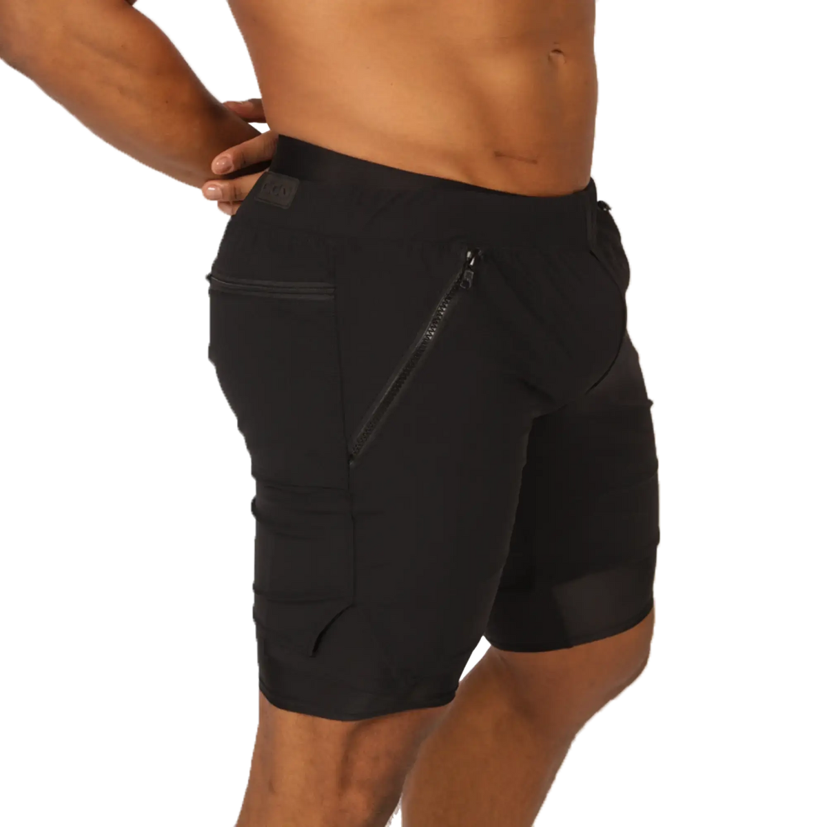 Gigo sporty black athletic shorts with sleek form-fitting design and multiple zippered pockets for secure storage