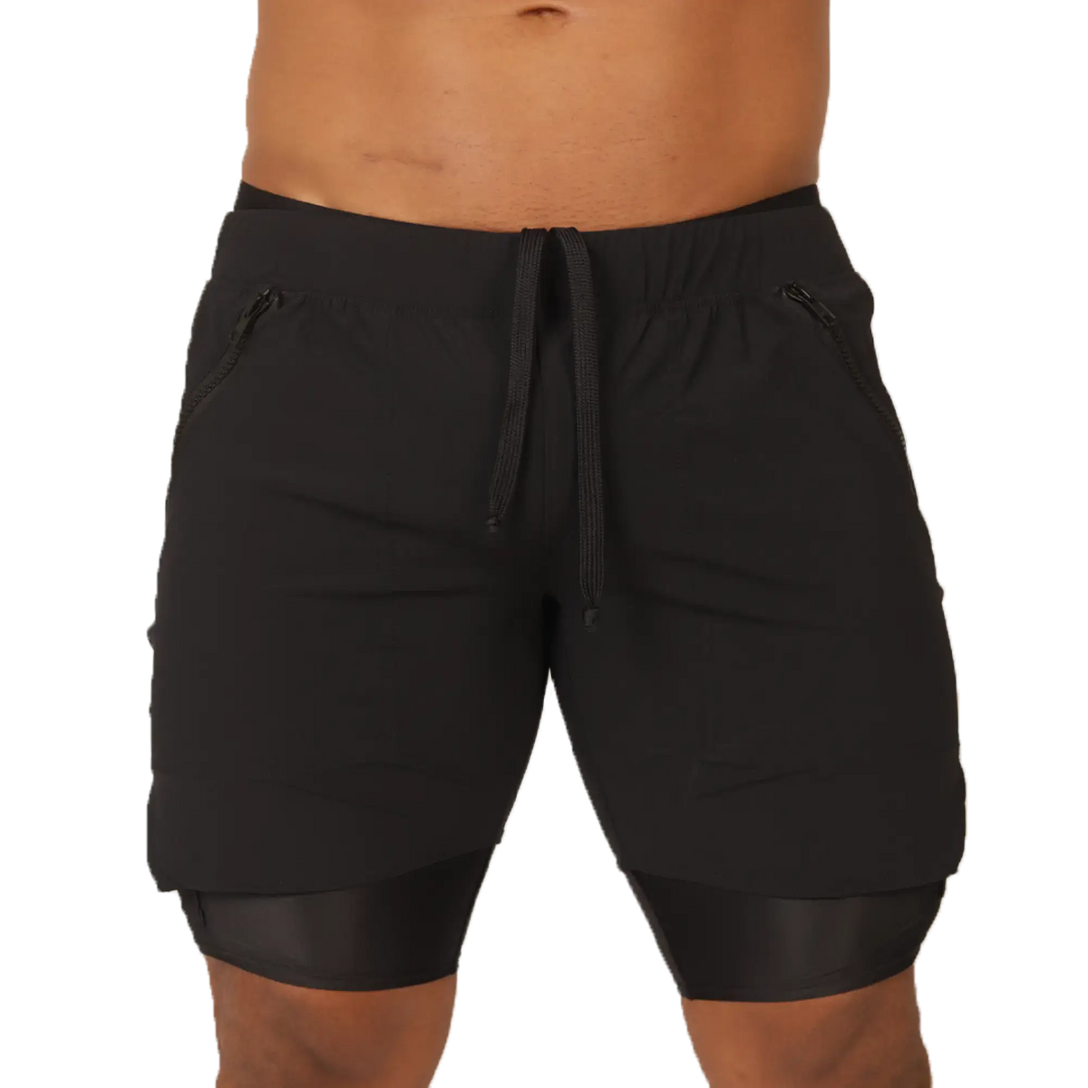 Gigo sporty black shorts with drawstring waistband zippered side pockets and layered hem design for athletic use