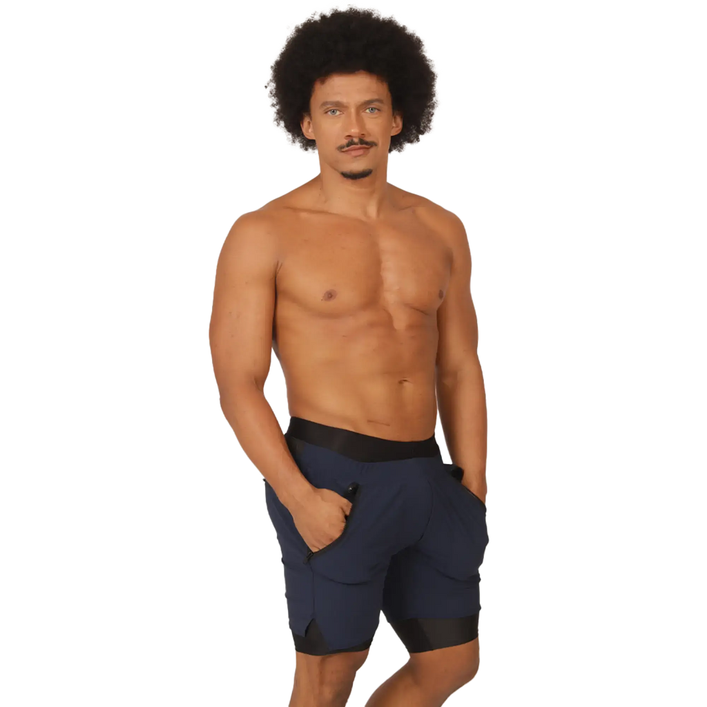 Navy blue Gigo sporty athletic shorts with black elastic waistband and hem trim designed for activewear use