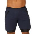 Navy blue gigo sporty blue shorts with black elastic waistband black trim and side zip pockets for athletic use