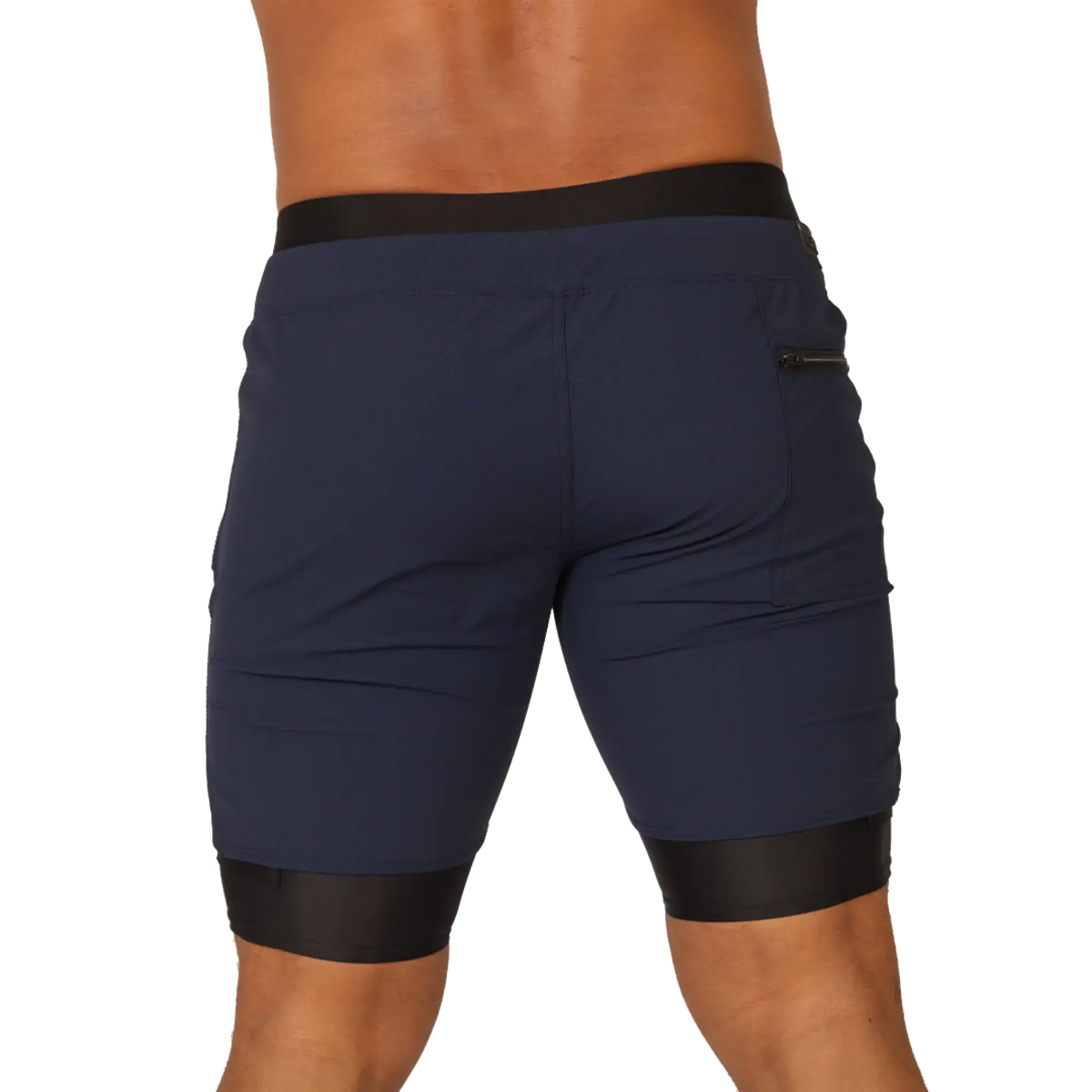 Navy blue gigo sporty short with black elastic waistband and leg cuffs featuring a zippered side pocket