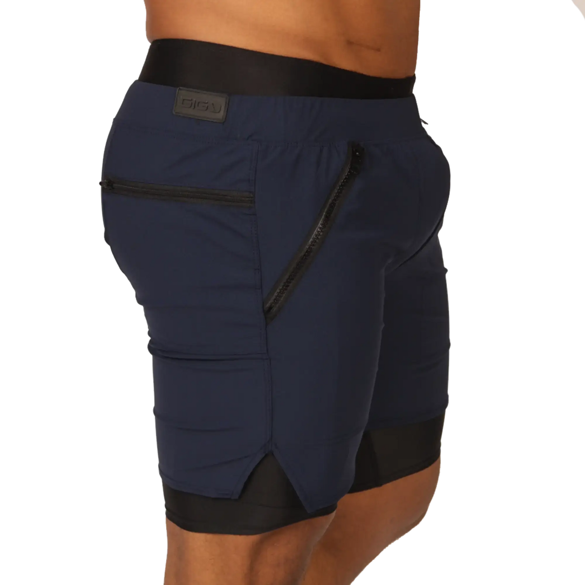 Gigo sporty blue short navy blue athletic shorts with black elastic waistband and side zipper pockets