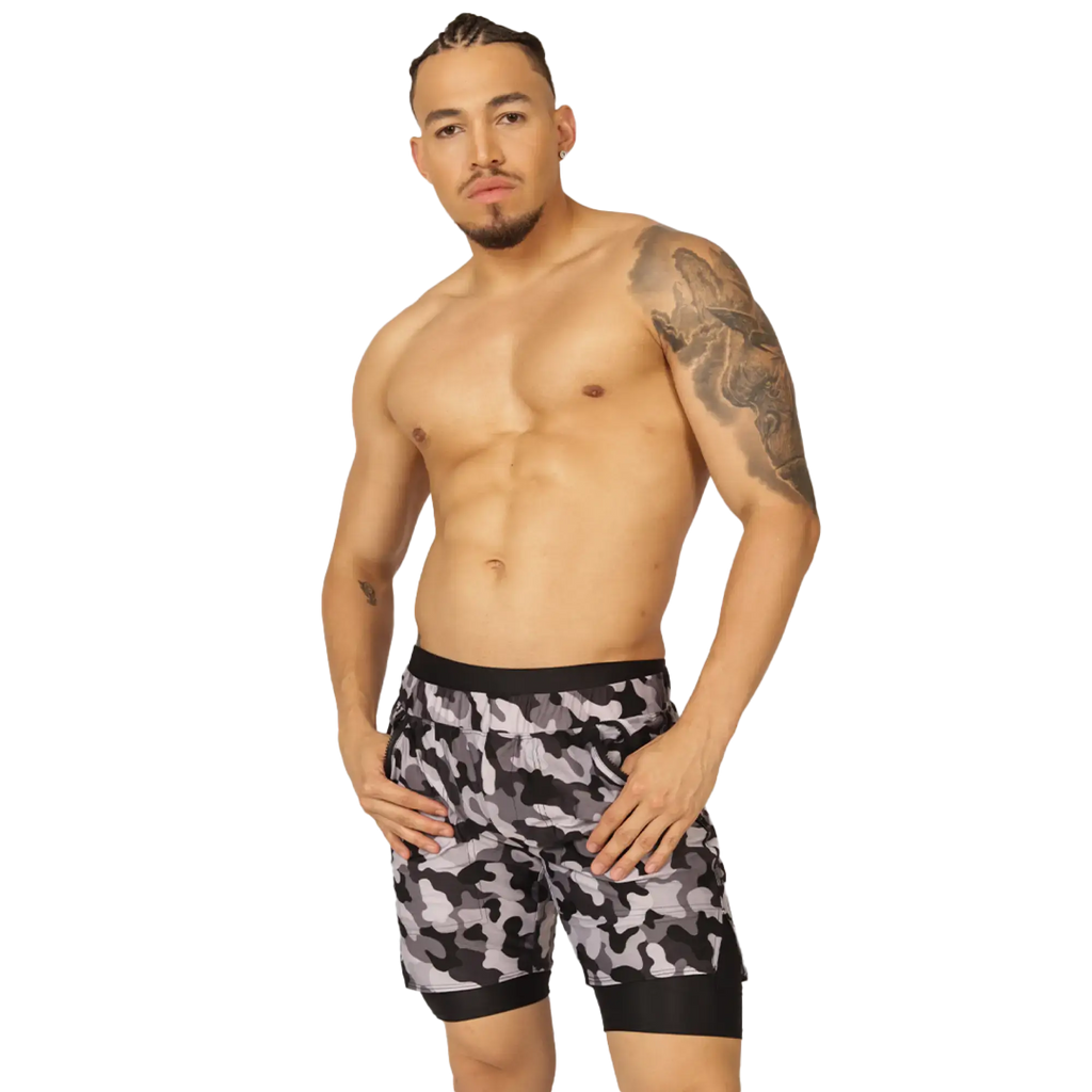 Gigo sporty camouflage short black and gray camo athletic shorts with black waistband for active wear