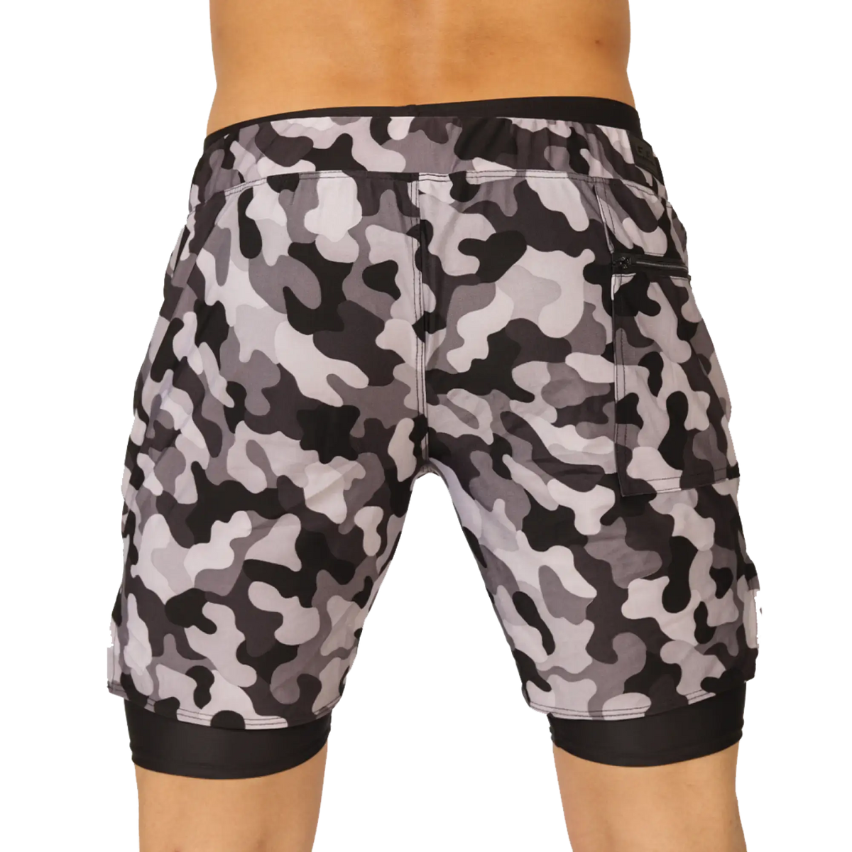 Gigo sporty camouflage shorts with black elastic waistband gray white and black pattern and black trim at the hem