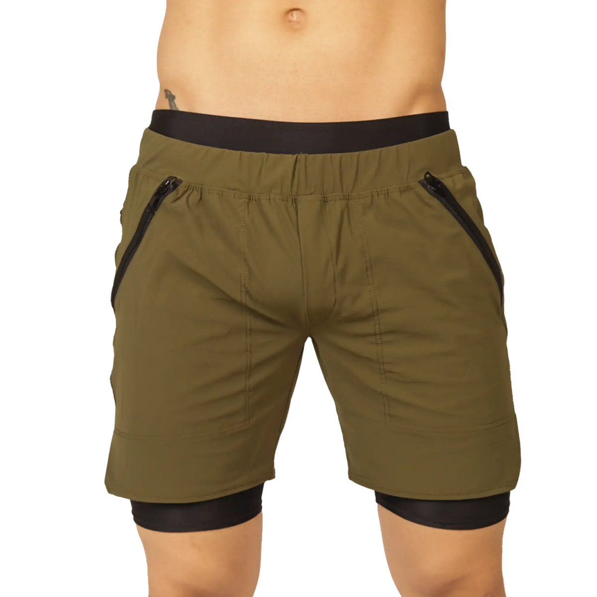 Gigo sporty green olive shorts with black elastic waistband and side zip pockets suitable for athletic use