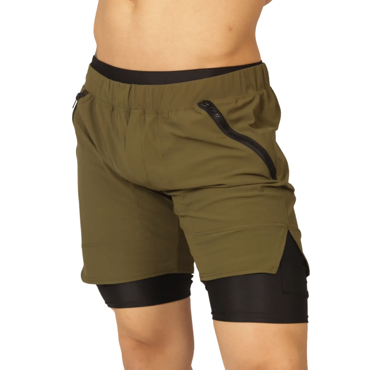 Gigo sporty green short olive green athletic shorts with black elastic waistband and zippered side pocket inner lining
