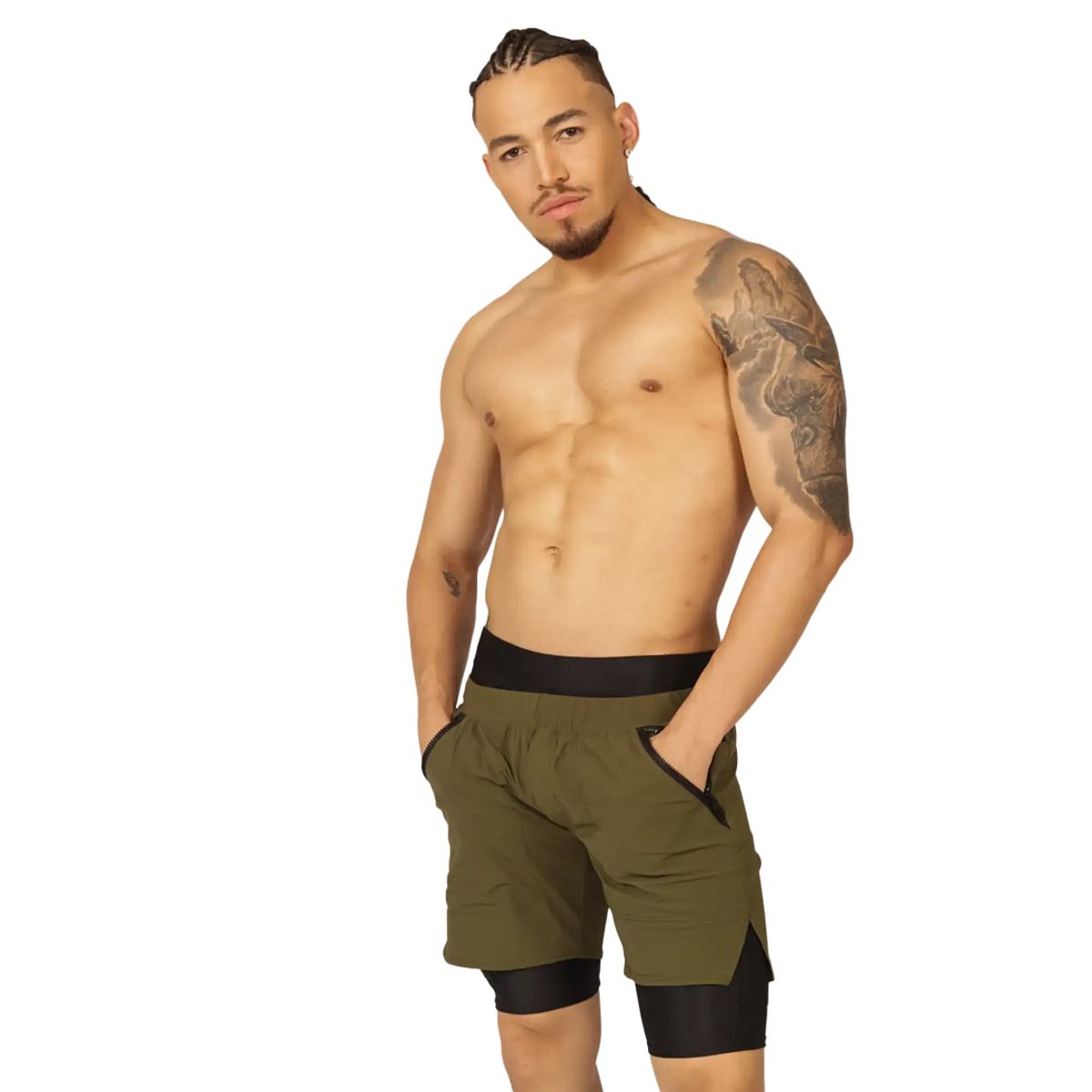 Olive green gigo sporty athletic shorts with black waistband and inner lining designed for active wear