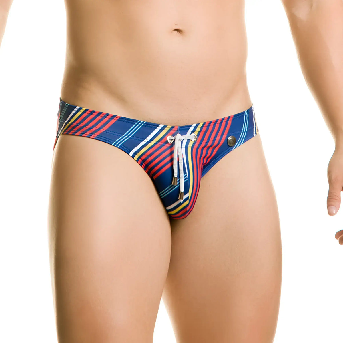 Gigo Streak swim brief featuring vibrant blue red and yellow striped design with white drawstring tie for swimming