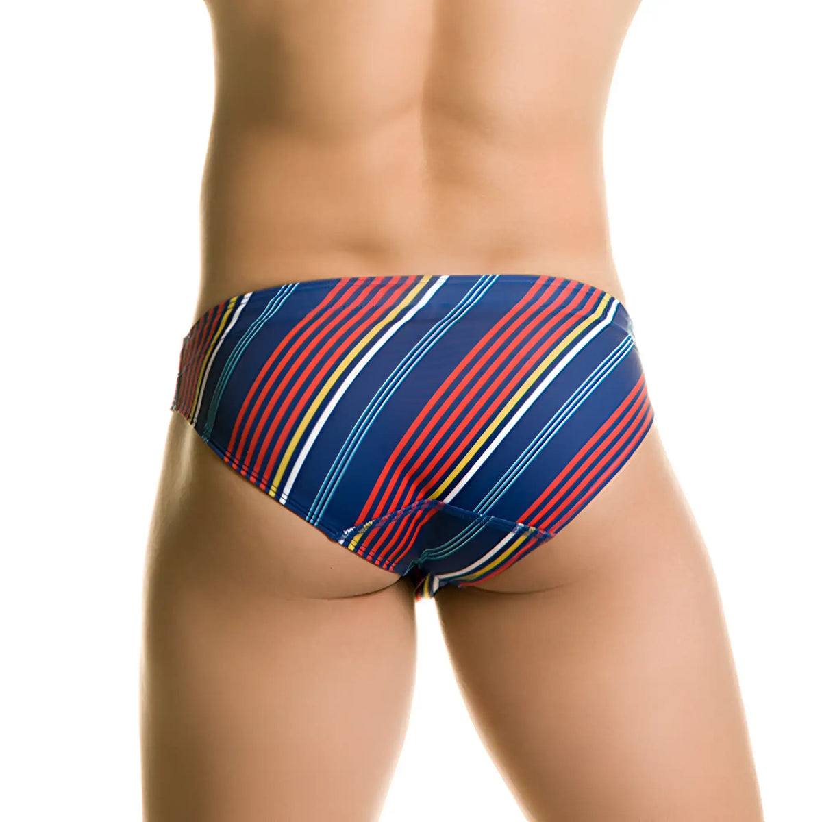 Gigo Streak swim brief in blue with diagonal red yellow white and light blue stripes for swimming and beachwear
