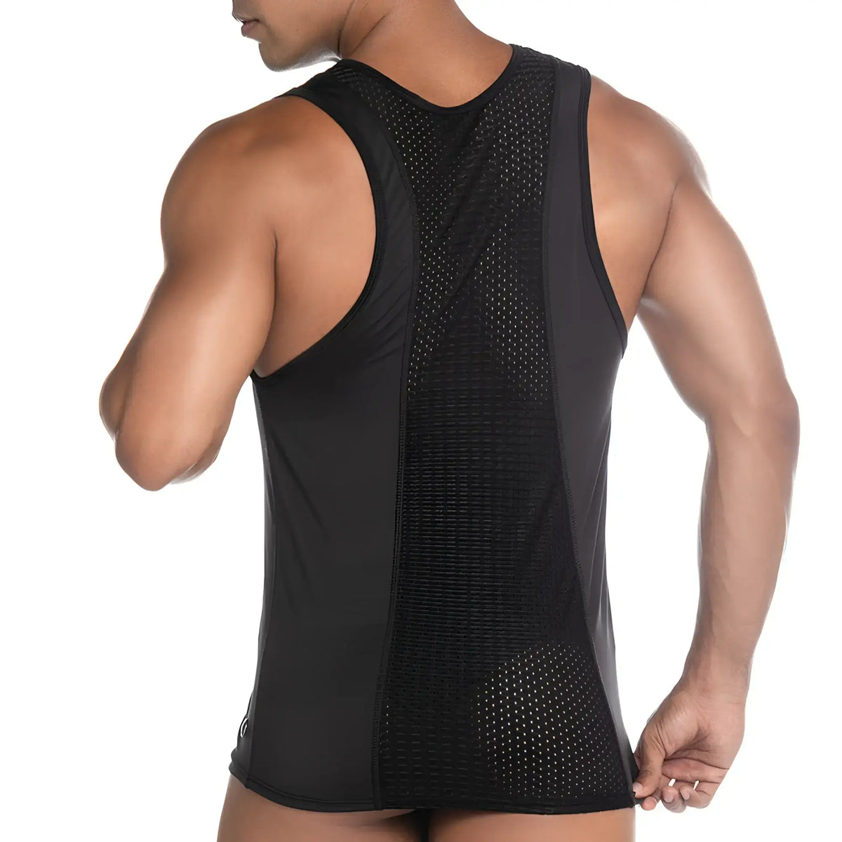 Back view of gigo stretch black athletic tank top with breathable mesh panel for enhanced ventilation and comfort
